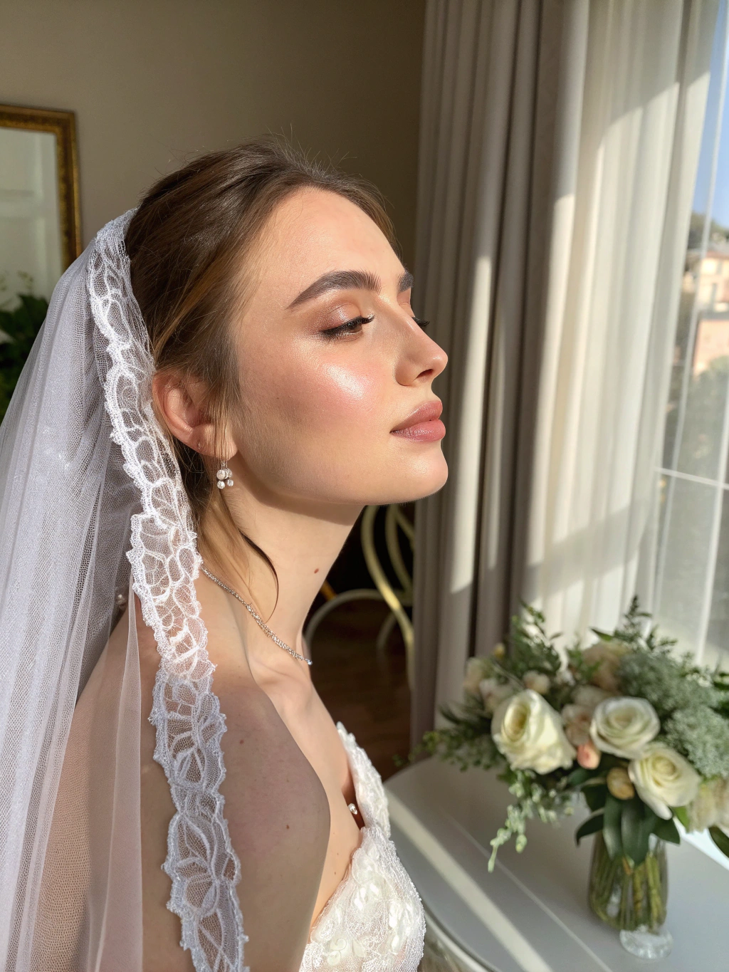 Ethereal Bridal — soft focus makeup with dewy skin and rose-gold highlights