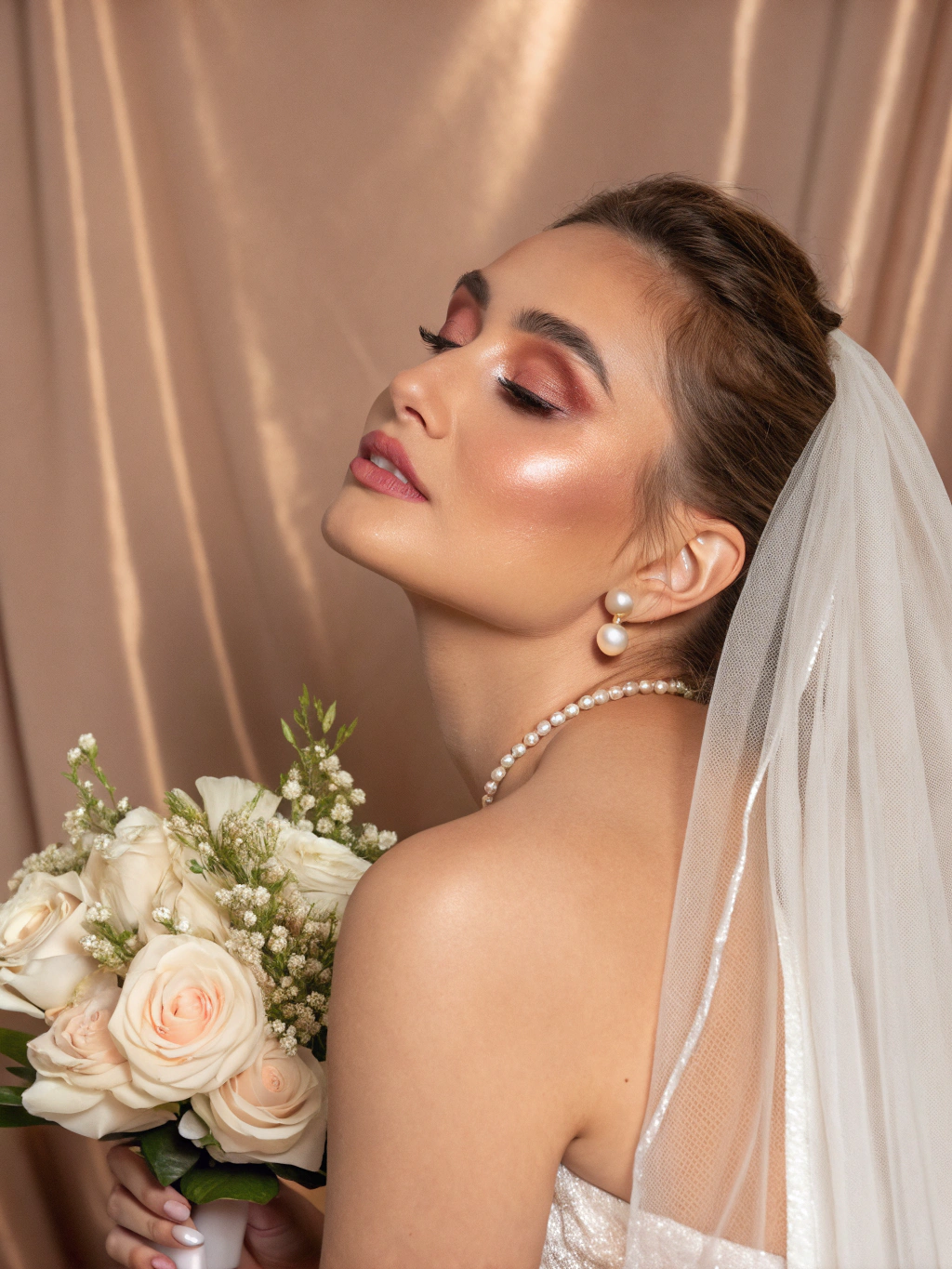 Flawless bridal makeup look with soft rose-gold tones and editorial lighting