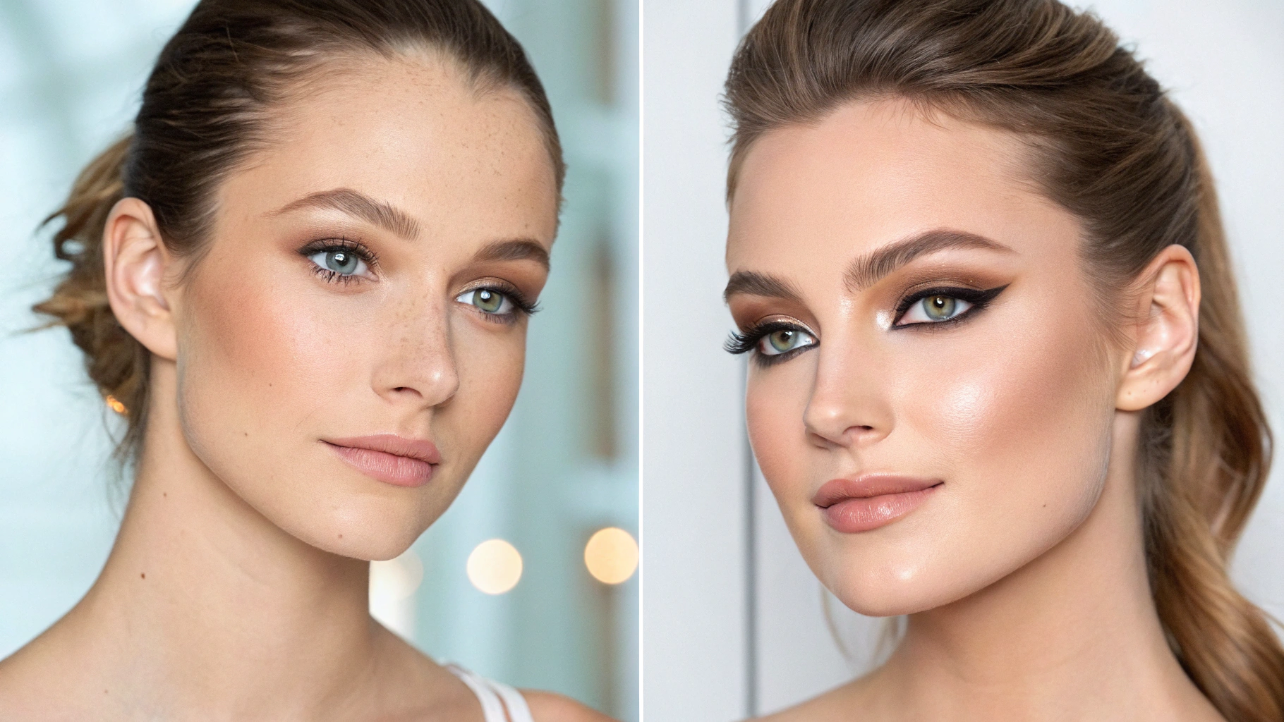 Transformation — before and after makeup application showcasing skin texture